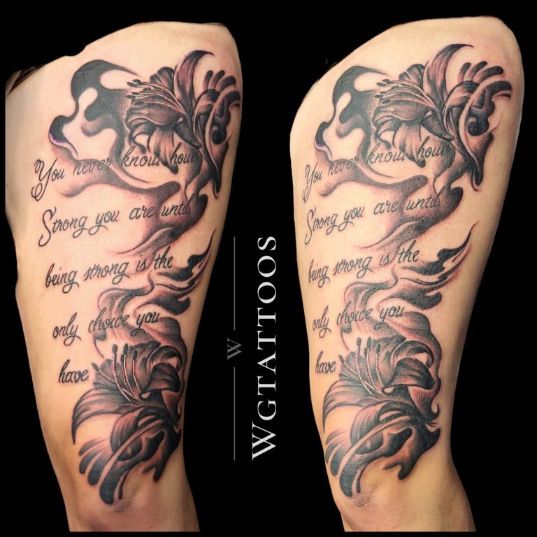 Black and grey tattoo by Wayne Goodwin