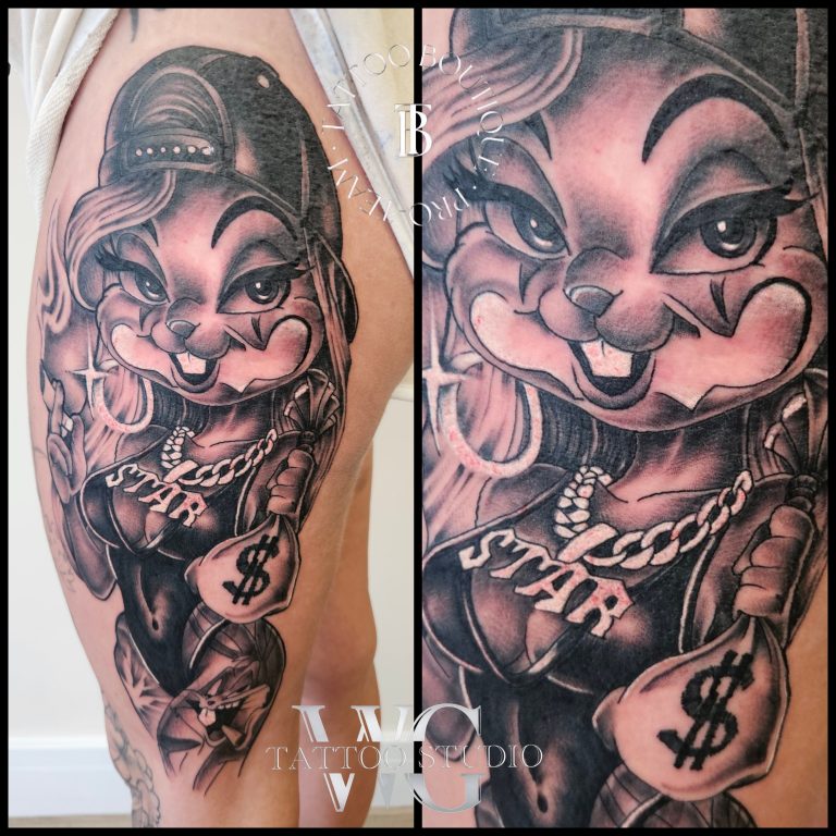 Black and grey tattoo by Wayne Goodwin
