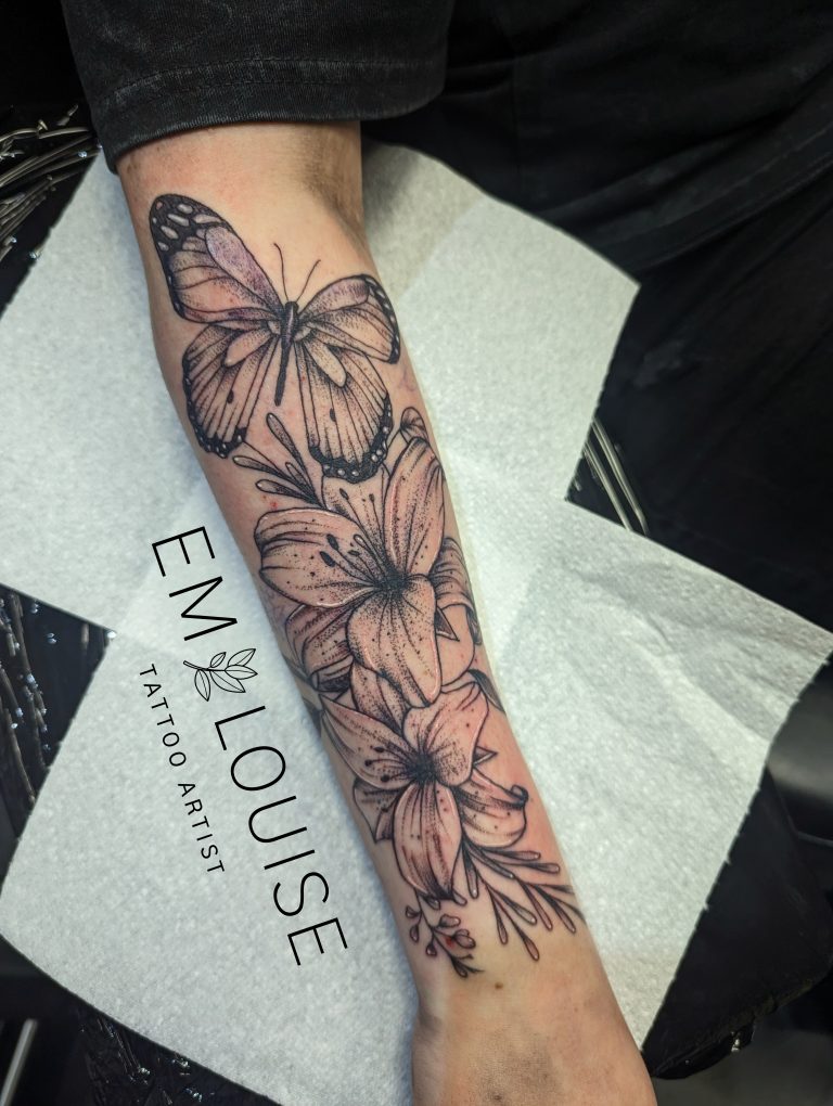 Black and grey tattoo by Em Louise