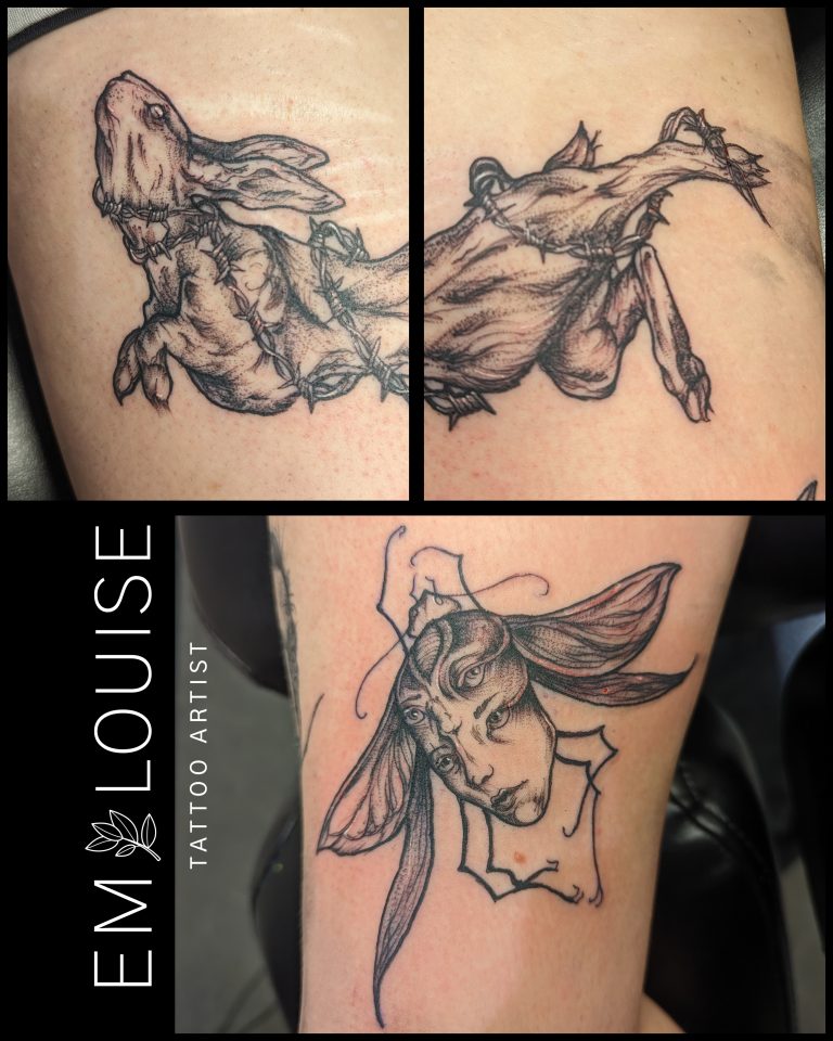 Black and grey tattoo by Em Louise