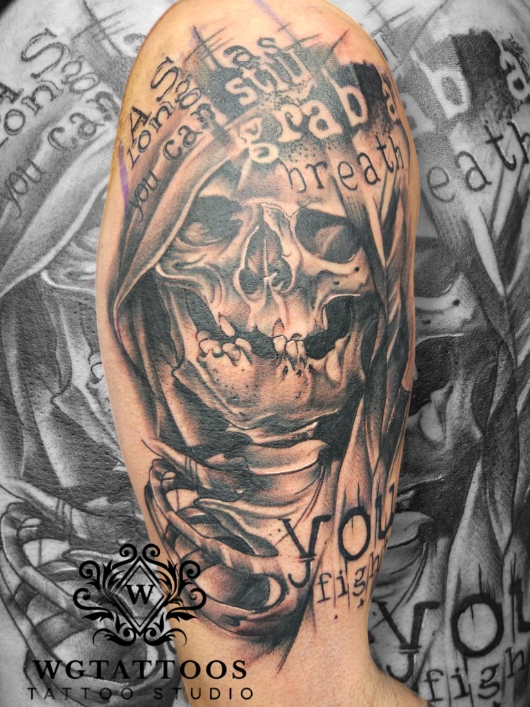 Black and grey tattoo by Wayne Goodwin
