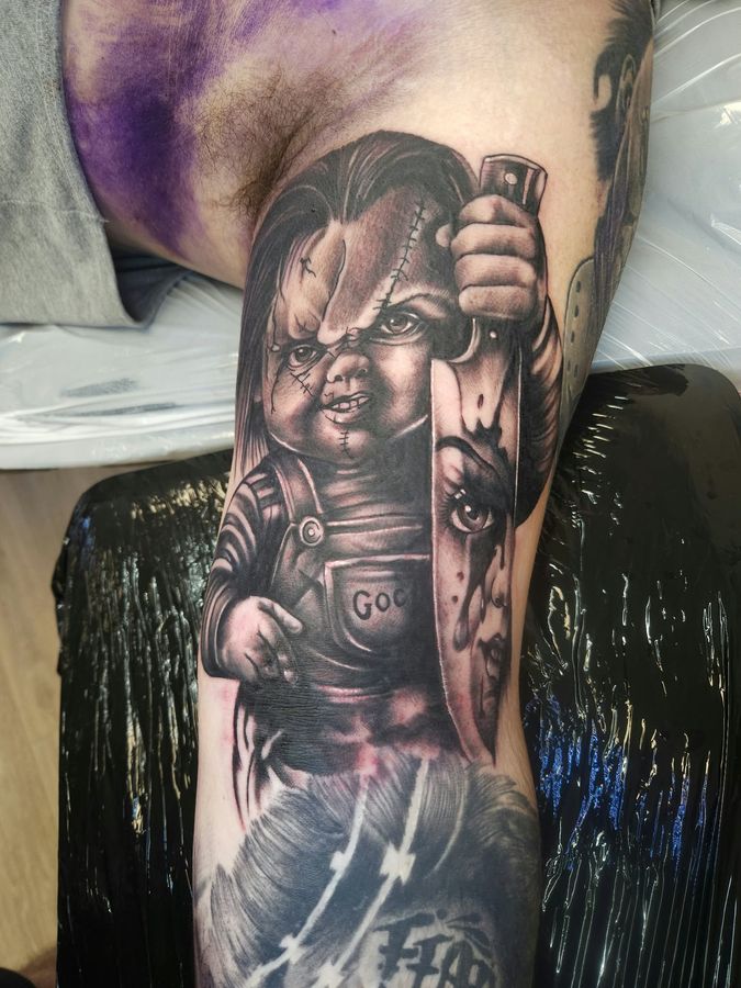 Black and grey tattoo by Wayne Goodwin